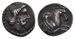 CILICIA. Uncertain. AR Obol (4th century BC).
Obv: Crowned and bearded head (of Persian Great King?) right.
Rev: Forepart of Pegasos right.
SNG BN ...