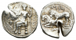 Cilicia, Tarsos. Mazaios, satrap of Cilicia and Cappadocia. AR Stater( circa 361/0-334 BC).
Obv: Baaltars seated to left on throne, his head and tors...