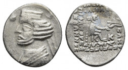 KINGS of PARTHIA. Orodes II. (Circa 57-38 BC). AR Drachm. Kangavar mint. Struck (Circa 50-42 BC).
Obv: Diademed bust left; star to left, crescent to ...