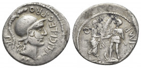 CNAEUS POMPEY II. AR, Denarius (46-45 BC). Corduba; Marcus Poblicius, legatus pro praetore.
Obv: M POBLICI LEG PRO PR.
Helmeted head of Roma, right....