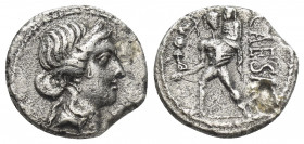 JULIUS CAESAR. Denarius (48-47 BC). Military mint traveling with Caesar in North Africa.
Obv: Head of Venus right, wearing diadem; border of dots.
R...