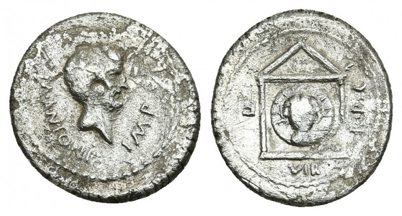MARK ANTONY. Denarius (42 BC). Military mint traveling with Antony in Greece.
O...