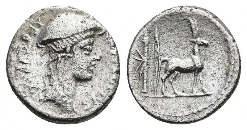 CN. PLANCIUS AR Denarius. Rome, (55 BC.)
Obv: CN•PLANCIVS AED•CVR•S•C. Head of ...