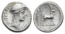 CN. PLANCIUS AR Denarius. Rome, (55 BC.)
Obv: CN•PLANCIVS AED•CVR•S•C. Head of Diana Planciana right, wearing petasus.
Rev: Cretan ibex standing rig...