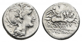 Appius Claudius Pulcher, T. Manlius Mancius, and Q. Urbinius. (111-110 BC). AR, Denarius. Rome.
Obv: Helmeted head of Roma, right.
Rev: AP·CL·T·MANL...