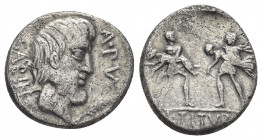 L. TITURIUS L. F. SABINUS (89 BC). AR, Denarius. Rome.
Obv: SABIN.
Bearded head of King Tatius right, palm frond to lower right.
Rev: L TITVRI.
Tw...