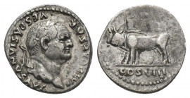 VESPASIAN (69-79 AD). AR, Denarius. Rome.
Obv: IMP CAESAR VESPASIANVS AVG.
Laureate head of Vespasian, right.
Rev: COS VIII.
Pair of oxen under yo...