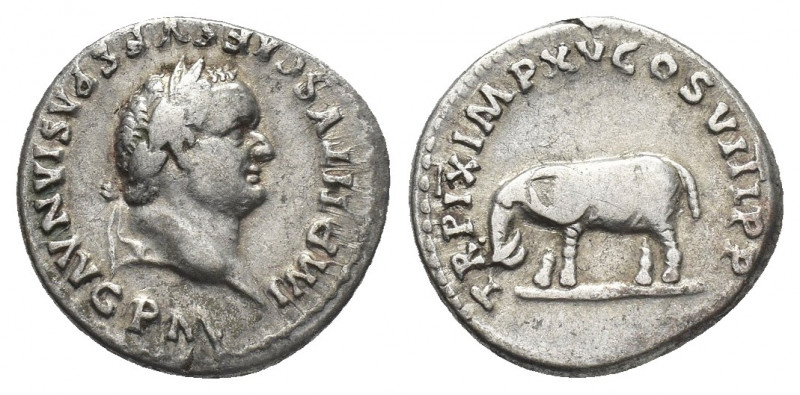 TITUS (79-81). Denarius. Rome.
Obv: IMP TITVS CAES VESPASIAN AVG P M.
Laureate...