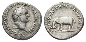 TITUS (79-81). Denarius. Rome.
Obv: IMP TITVS CAES VESPASIAN AVG P M.
Laureate head of Vespasian, right.
Rev: TR P IX IMP XV COS VIII P P.
Elephan...