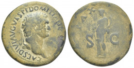 DOMITIAN (Caesar, 69-81 AD). AE, Sestertius. Rome.
Obv: CAES DIVI AVG VESP F DOMITIAN[VS COS].
Laureate head of Domitian, right.
Rev: PAX AVGVST / ...