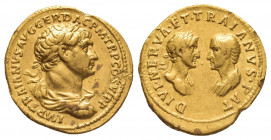 Trajan (AD 98-117 AD), with Divus Nerva and Divus Trajan Pater. AV. Rome. 112-117 AD. Obv: IMP TRAIANVS AVG GER DAC P M TR P COS VI P P.
Laureate, dr...