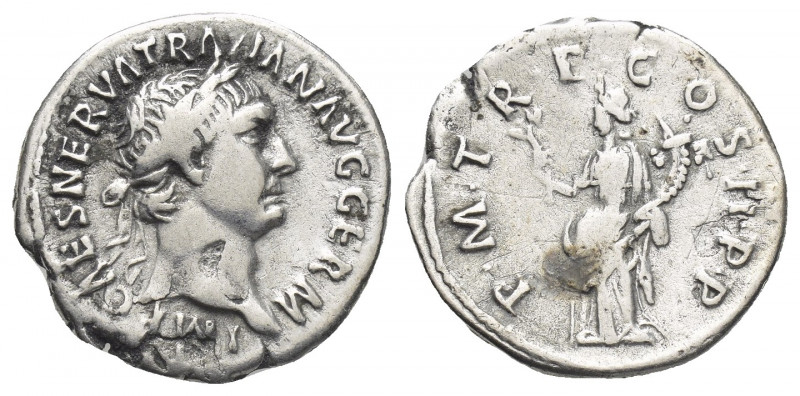 TRAJAN (98-117 AD). AR, Denarius. Rome.
Obv: IMP CAES NERVA TRAIAN AVG GERM.
L...