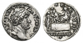 HADRIAN, (117-138 AD). AR, Denarius. Rome.
Obv: IMP CAESAR TRAIAN HADRIANVS AVG.
Laureate head of Hadrian, right.
Rev. P M TR P COS III / LIBERAL A...