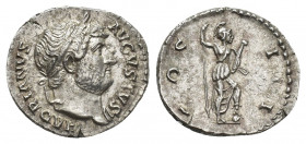 HADRIAN (117-138 AD). AR, Denarius. Rome.
Obv: HADRIANVS AVGVSTVS.
Laureate bust of Hadrian, right.
Rev: COS III.
Virtus standing right, with foot...