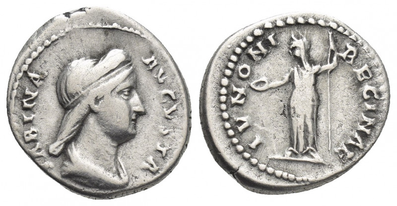 SABINA (Augusta, 128-136/7 AD). AR, Denarius. Rome.
Obv: SABINA AVGVSTA.
Drape...