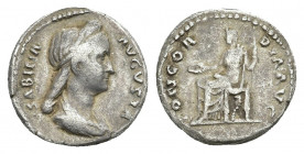 SABINA (Augusta, 128-136/7 AD). AR, Denarius. Rome.
Obv: SABINA AVGVSTA.
Draped bust of Sabina, right.
Rev: CONCORDIA AVG.
Concordia seated left o...
