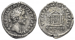 ANTONINUS PIUS (138-161 AD). AR, Denarius. Rome.
Obv: ANTONINVS AVG PIVS P P TR P XXII.
Head of Antoninus Pius, laureate, right
Rev: TEMPLVM DIV AV...