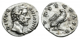 DIVUS ANTONINUS PIUS (Died 161 AD). AR, Denarius. Rome. Struck under Marcus Aurelius.
Obv: DIVVS ANTONINVS.
Bare head of Antoninus Pius, right.
Rev...