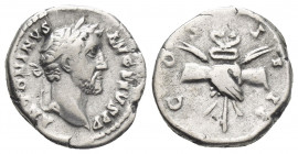 ANTONINUS PIUS (138-161 AD). AR, Denarius, Rome.
Obv: ANTONINVS AVG PIVS P P.
Laureate head of Antoninus Pius, right
Rev: COS IIII.
Clasped hands ...