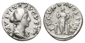 FAUSTINA II (Augusta, 147-176 AD). AR, Denarius. Rome.
Obv: FAVSTINA AVGVSTA.
Bust of Faustina, bare-headed, hair waved, right.
Rev: FECVND AVGVSTA...