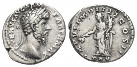 LUCIUS VERUS (161-169 AD). AR, Denarius. Rome
Obv: L VERVS AVG-ARM PARTH MAX.
Laureate head of Lucius Verus, right.
Rev: TR P-VI IMP IIII COS II.
...