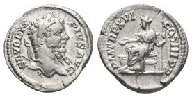Septimius Severus (193-211 AD). AR, Denarius. Rome.
Obv: SEVERVS PIVS AVG
Head of Septimius Severus; laureate, right.
Rev. P M TR P XVI COS III P P...