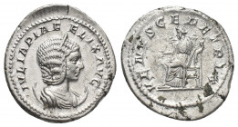 JULIA DOMNA (Augusta, 193-217 AD). AR, Antoninianus. Rome.
Obv: IVLIA PIA FELIX AVG.
Draped bust of Julia Domna, right.
Rev: VENVS GENETRIX.
Venus...
