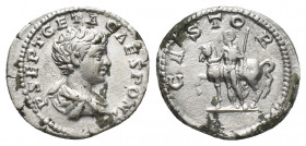 GETA (Caesar, 198-209 AD). AR, Denarius. Rome.
Obv: P SEPT GETA CAES PONT.
Bare-headed and draped bust of Geta, right.
Rev: CASTOR.
Castor naked; ...