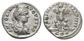 CARACALLA (198-217 AD). AR, Denarius. Laodikeia.
Obv: ANTONINVS AVGVSTVS.
Laureate bust of Caracalla, draped and cuirassed, right.
Rev: PART MAX PO...
