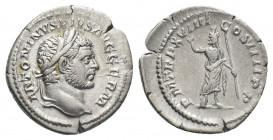 CARACALLA (214 AD). AR, Denarius. Rome.
Obv: ANTONINVS PIVS AVG GERM.
Laureate head of Caracalla, right.
Rev: P M TR P XVIIII COS IIII P P.
Serapi...