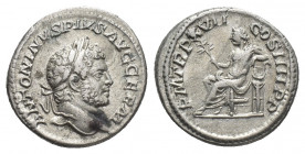 CARACALLA (198-217 AD). AR, Denarius. Rome.
Obv: ANTONINVS PIVS AVG GERM.
Laureate head of Caracalla, right.
Rev: P M TR P XVII COS IIII P P.
Apol...