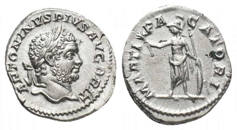 CARACALLA (198-217 AD). AR, Denarius. Rome.
Obv: ANTONINVS PIVS AVG BRIT.
Laur...