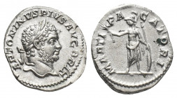 CARACALLA (198-217 AD). AR, Denarius. Rome.
Obv: ANTONINVS PIVS AVG BRIT.
Laureate head of Caracalla, right.
Rev: MARTI PACATORI.
Mars helmeted; s...