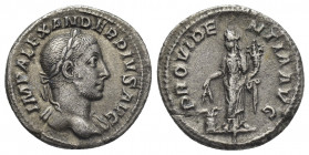 SEVERUS ALEXANDER (222-235). Denarius. Rome.
Obv: IMP ALEXANDER PIVS AVG.
Laureate bust of Severus Alexander, right, with slight drapery.
Rev: PROV...
