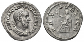 PUPIENUS (238). Denarius. Rome.
Obv: IMP C M CLOD PVPIENVS AVG.
Laureate, draped and cuirassed bust right.
Rev: PAX PVBLICA.
Pax seated left on th...