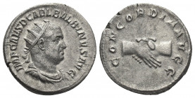 BALBINUS (238 AD). Antoninianus. Rome.
Obv: IMP CAES D CAE L BALBINVS AVG.
Radiate, draped and cuirassed bust of Balbinus, right.
Rev: CONCORDIA AV...