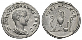GORDIAN III (Caesar, 238). AR, Denarius. Rome.
Obv: M ANT GORDIANVS CAES.
Bareheaded, draped and cuirassed bust right.
Rev: PIETAS AVGG.
Emblems o...
