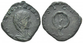 Diva Mariniana (wife of Valerian, 256 AD). AE, Sestertius. Rome.
Obv: DIVAE MARINIANAE.
Veiled and draped bust to right.
Rev: CONSECRATIO.
Peacock...