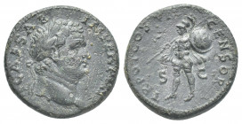 TITUS (79 – 81 AD). Rome. AE.
Obv: T CAESAR IMP[…].
Laureate head of Titus, right.
Rev: TR POT COS […] CENSOR.
Mars helmeted and cuirassed; holdin...