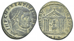 MAXENTIUS (308-310 AD). BI Nummus. Rome.
Obv: IMP C MAXENTIVS [P F AVG].
Laureate head to right.
Rev: [CONSERV VRB SVAE / RBQ].
Hexastyle temple, ...