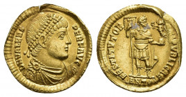 VALENS, (364-378 AD). Antiochia, 364. Solidus.
Obv: D N VALENS PER F AVG.
Pearl-diademed, draped and cuirassed bust of Valens to right.
Rev. RESTIT...