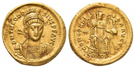 THEODOSIUS I (379-395 AD). GOLD Solidus. Constantinople.
Obv: D N THEODOSIVS P F AVG.
Diademed, helmeted and cuirassed bust facing slightly right, h...