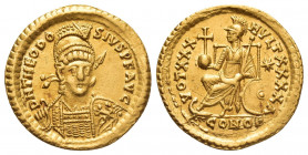 THEODOSIUS II (379-395 AD). GOLD Solidus, Constantinople.
Obv: D N THEODOSIVS P F AVG.
Pearl-diademed, helmeted and cuirassed bust facing slightly r...