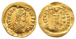 THEODOSIUS II (402-450 AD). GOLD Tremissis, Constantinople.
Obv: D N THEODOSIVS P F AVG.
Diademed, draped and cuirassed bust right.
Rev: VICTORIA [...