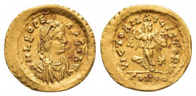 LEO I (457-474 AD). GOLD Tremissis, Constantinople.
Obv: D N LEO PERPET AVG.
Diademed, draped and cuirassed bust right.
Rev: VICTORIA AVGVSTORVM / ...