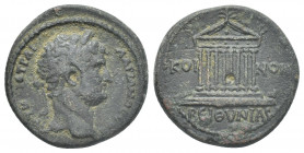 BITHYNIA, Koinon of Bithynia. Hadrian. (117-138 AD). AE.
Obv: Laureate head of Hadrian, right.
Rev: ΚΟΙ-ΝΟΝ ΒΕΙΘΥΝΙΑϹ.
Temple with eight columns on...
