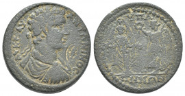 LYDIA. Hypaepa. Caracalla (198-217). AE.
Obv.: AV K M AV ANTΩNINOC.
Laureate, draped and cuirassed bust of Caracalla r. Countermark with oval uncuse...