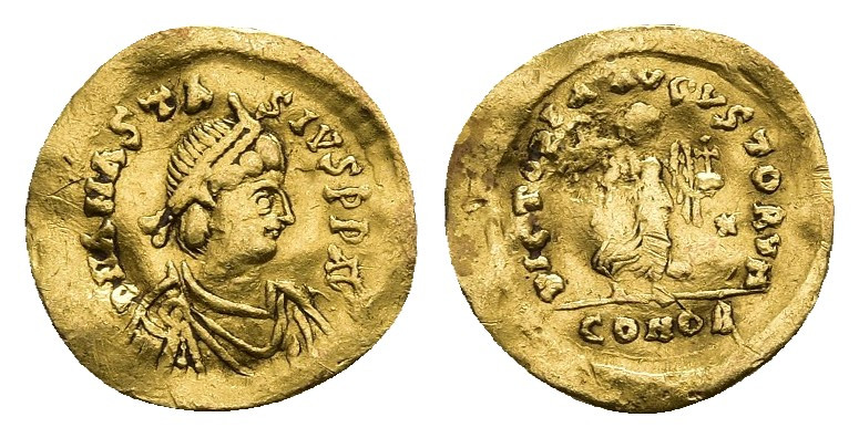ANASTASIUS I (491-518 AD). GOLD Tremissis, Constantinople.
Obv: D N ANASTASIVS ...
