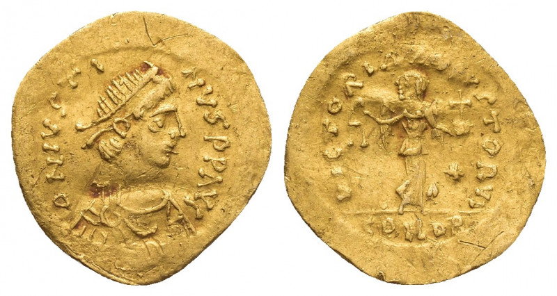 JUSTIN I (518 – 527 AD). Gold Tremissis, Constantinople.
Obv: D N IVSTINVS P P ...
