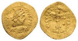 JUSTIN I (518 – 527 AD). Gold Tremissis, Constantinople.
Obv: D N IVSTINVS P P AVG.
Diademed, draped and cuirassed bust right.
Rev: VICTORIA AVGVST...